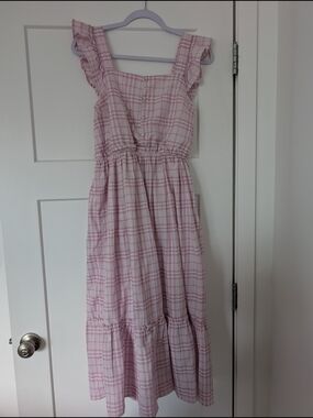 Cottagecore Pink Plaid Ruffle Strap Dress Size Large